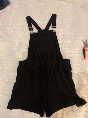 Black Knit Shortall Romper with Drawstring Waist
